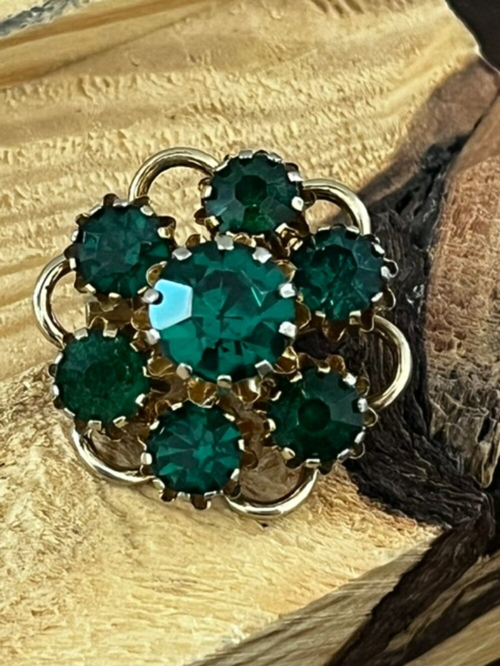 Vintage Coro Brooch Floral Green Stone Gold Tone Setting - Picture 4 of 8